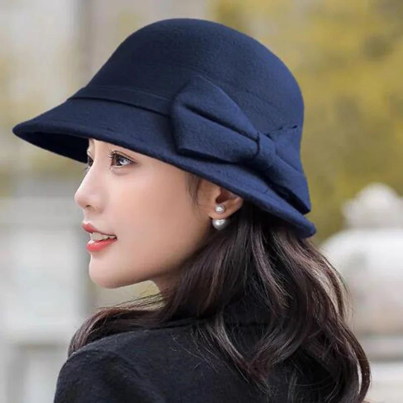 Elegant Vintage Bowknot Wool Hat for Women